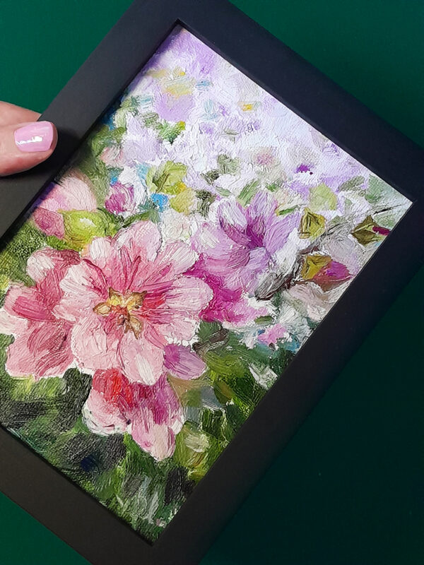 Hollyhock Flowers original oil on canvas, small, miniature painting, framed