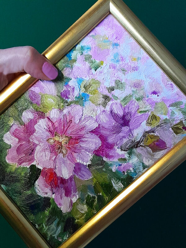 Hollyhock Flowers original oil on canvas, small, miniature painting, framed