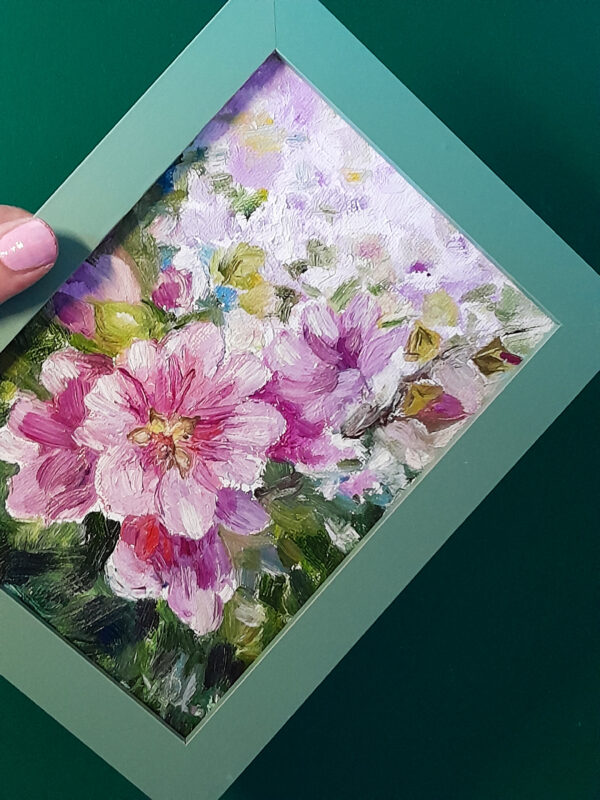 Hollyhock Flowers original oil on canvas, small, miniature painting, framed